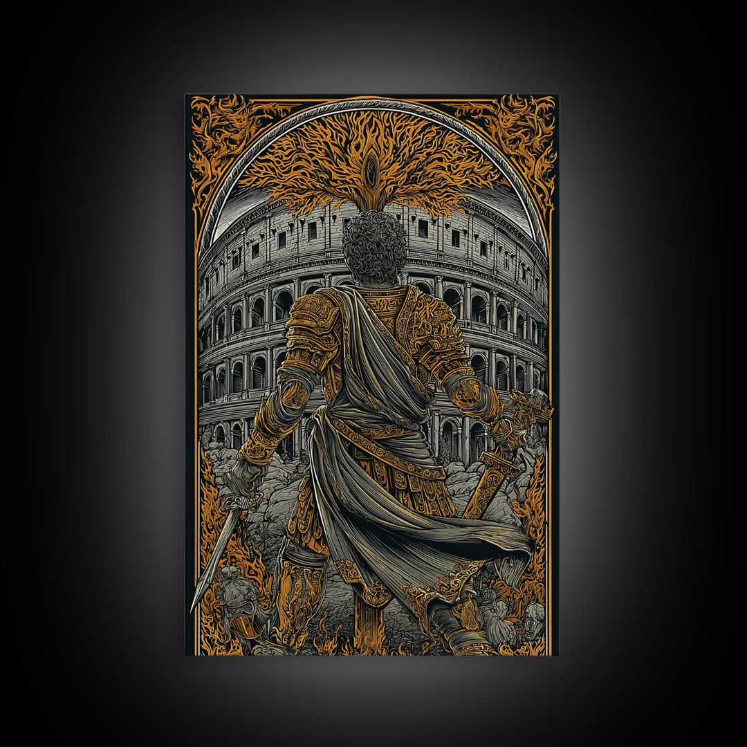 Ancient Rome Canvas Gold Canvas Print, Gladiator Wall Art, Myth Inspired Luxury Home Decor, Classical Warrior Artwork, Wood Frame