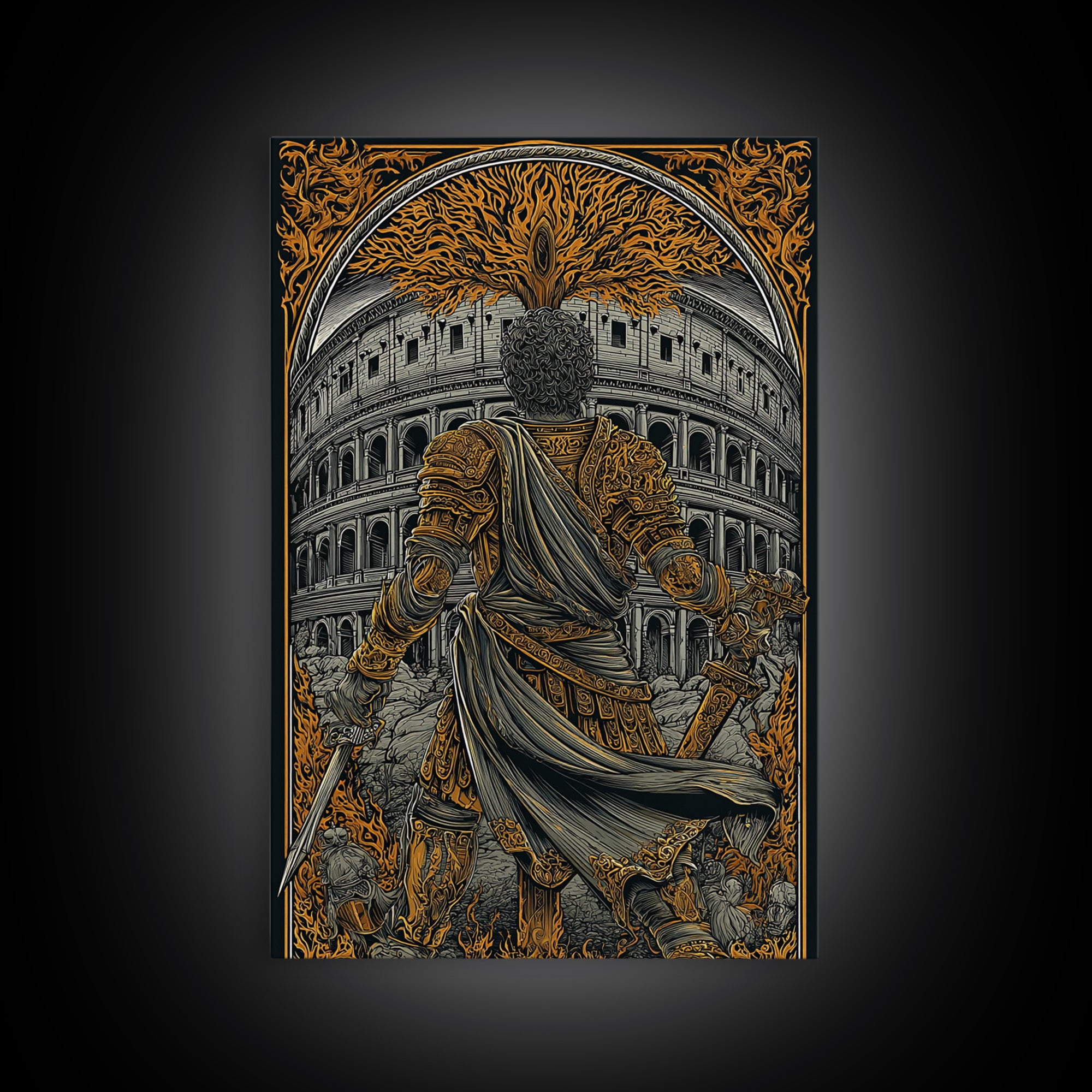 Ancient Rome Canvas Gold Canvas Print, Gladiator Wall Art, Myth Inspired Luxury Home Decor, Classical Warrior Artwork, Wood Frame