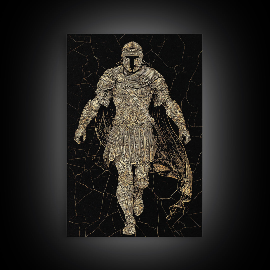 Heroic Roman Canvas Gold Canvas Print, Ancient Warrior Wall Art, Luxury Mythology Decor, Historical Emperor Artwork, Real Wood Frame