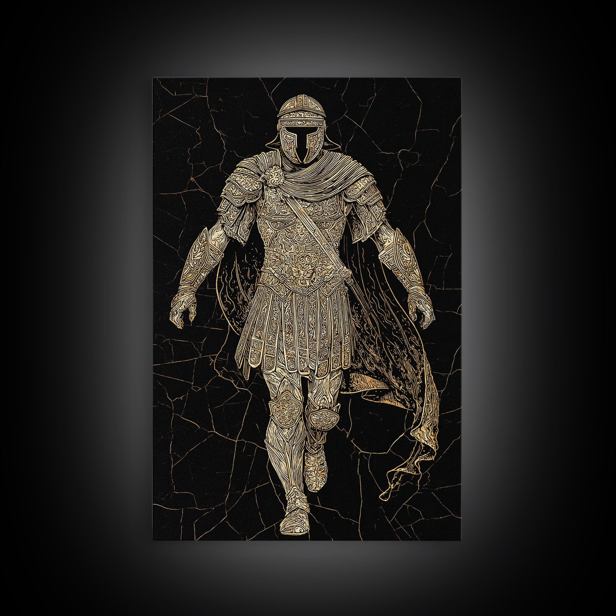 Heroic Roman Canvas Gold Canvas Print, Ancient Warrior Wall Art, Luxury Mythology Decor, Historical Emperor Artwork, Real Wood Frame