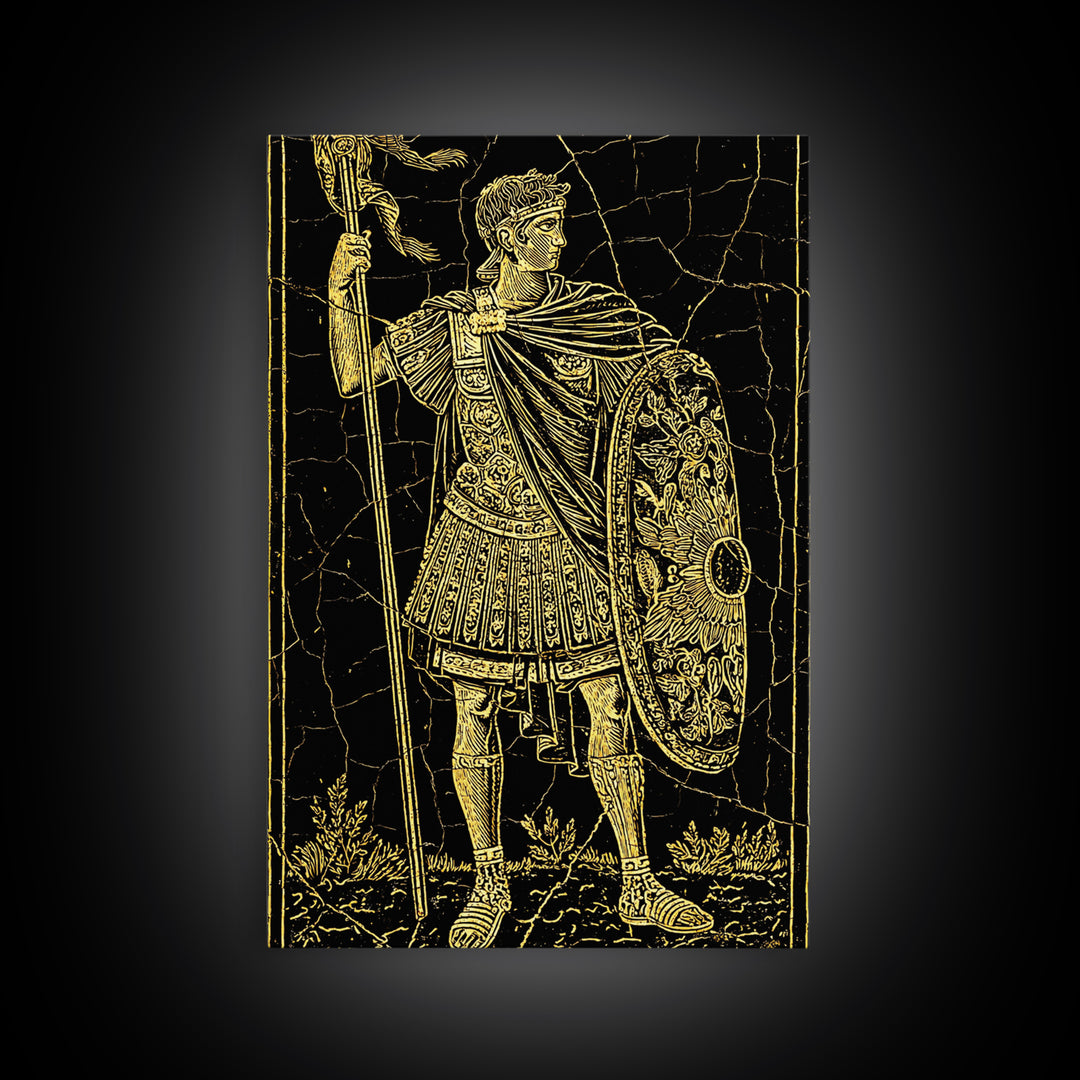 Roman Warrior With Shield, Canvas Gold Canvas Print, Mythology Inspired Wall Art, Real Wood Framed Artwork