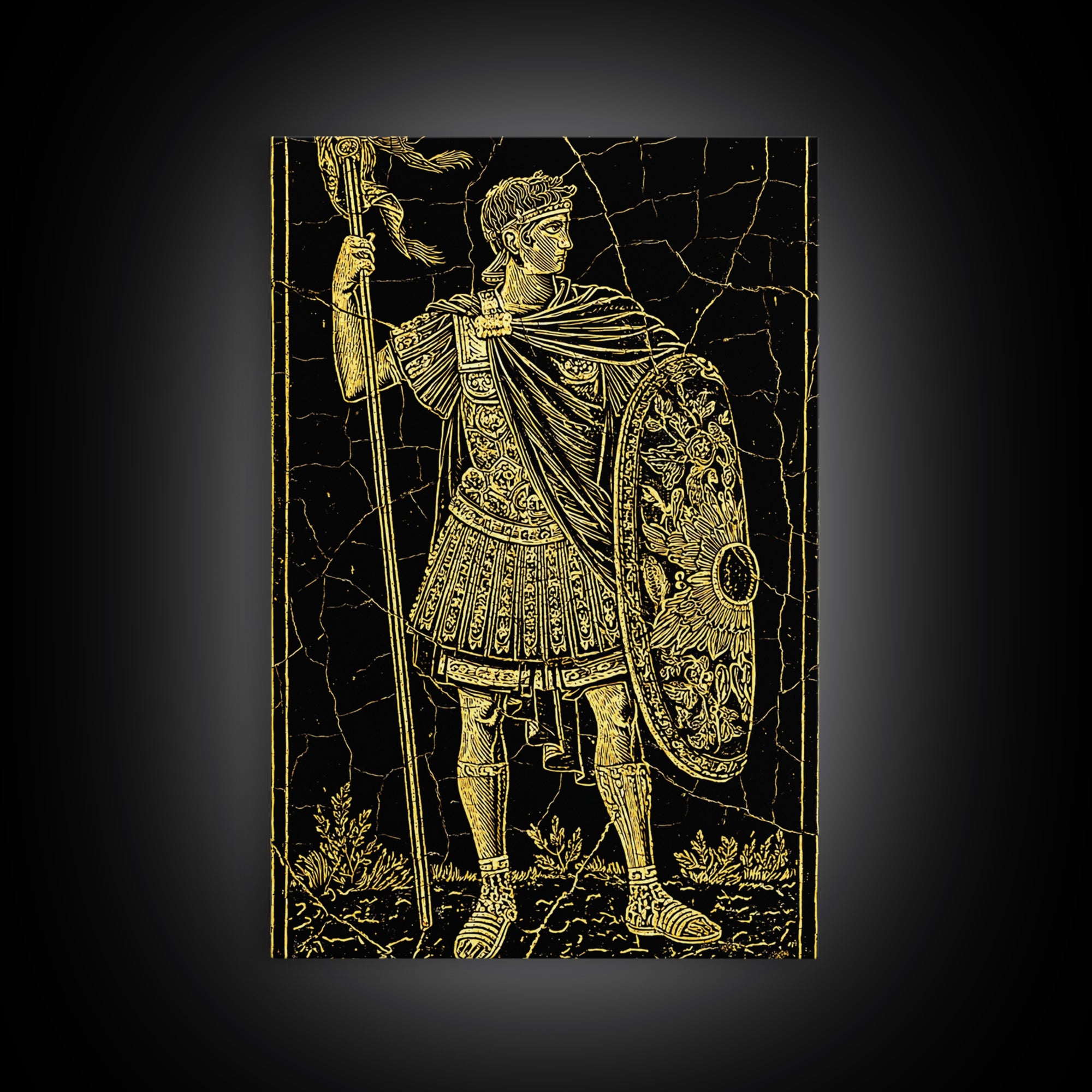 Roman Warrior With Shield, Canvas Gold Canvas Print, Mythology Inspired Wall Art, Real Wood Framed Artwork