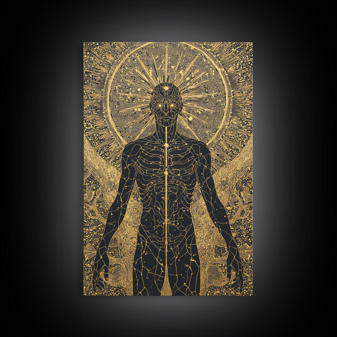 Celestial Radiance Figure, Canvas Gold Art, Mythological Cosmic Wall Print, Spiritual Decor With Real Wood Frame