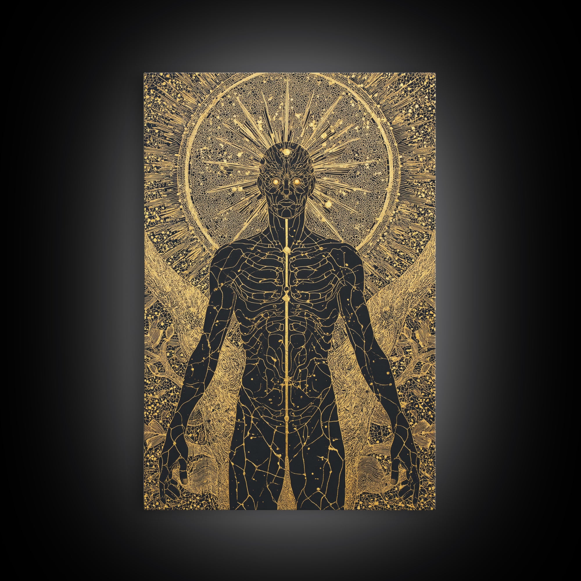 Celestial Radiance Figure, Canvas Gold Art, Mythological Cosmic Wall Print, Spiritual Decor With Real Wood Frame