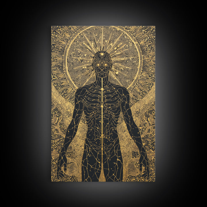 Celestial Radiance Figure, Canvas Gold Art, Mythological Cosmic Wall Print, Spiritual Decor With Real Wood Frame