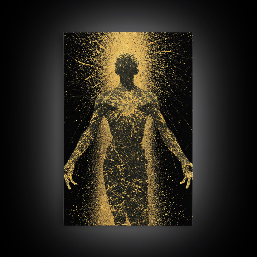 Golden Cosmic Silhouette, Canvas Gold Canvas Print, Abstract Mythology Inspired Wall Decor, Real Wood Frame