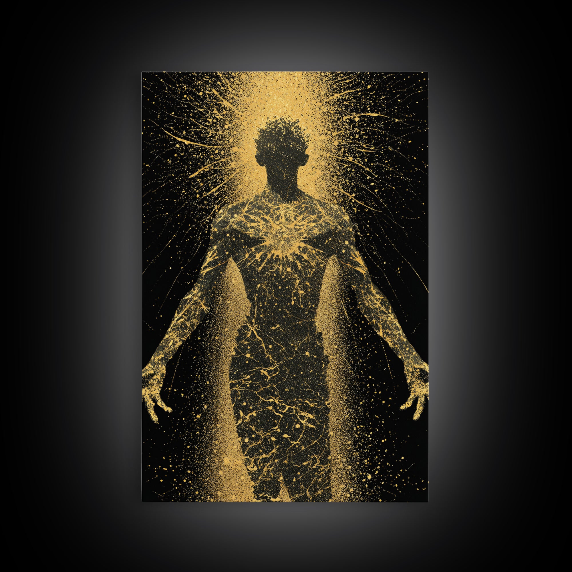 Golden Cosmic Silhouette, Canvas Gold Canvas Print, Abstract Mythology Inspired Wall Decor, Real Wood Frame