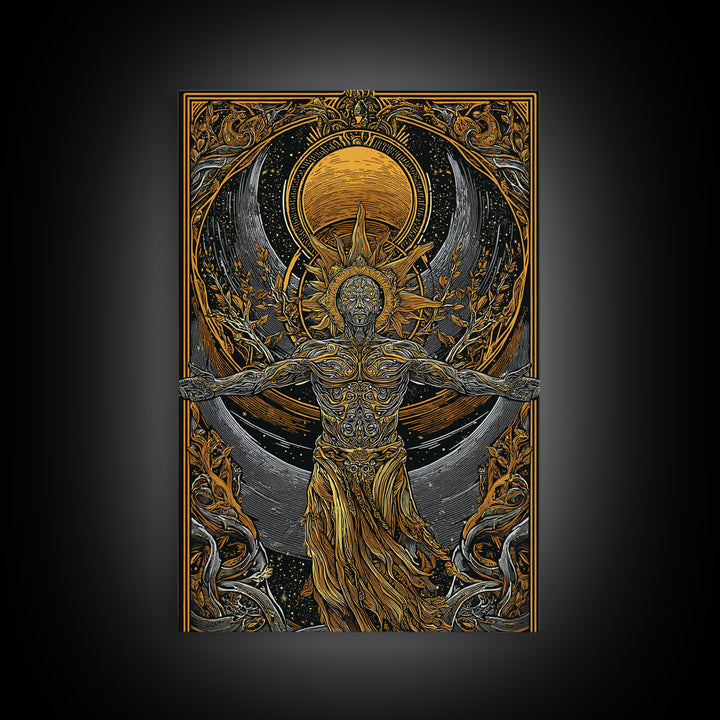 Divine Sun God Artwork, Canvas Gold Canvas Print, Mythology Inspired Celestial Wall Art, Real Wood Framed Print