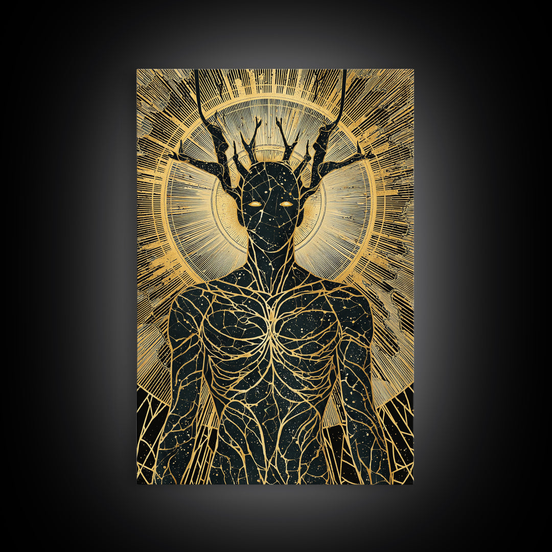 Mythic Antlered Deity, Canvas Gold Canvas Print, Cosmic Inspired Wall Art, Real Wood Frame For Elegant Decor