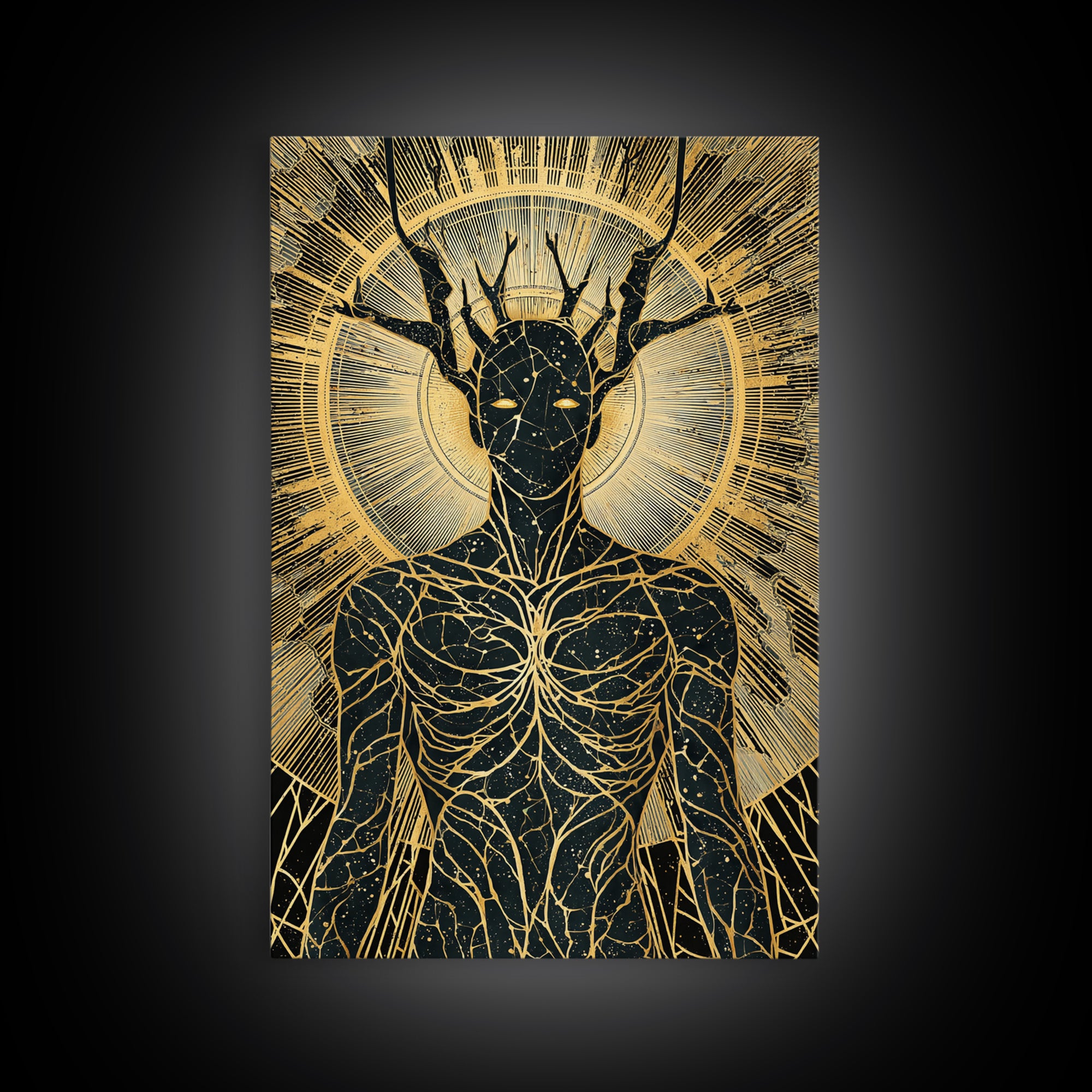 Mythic Antlered Deity, Canvas Gold Canvas Print, Cosmic Inspired Wall Art, Real Wood Frame For Elegant Decor