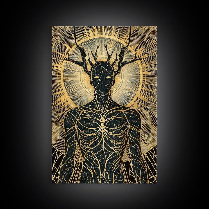 Mythic Antlered Deity, Canvas Gold Canvas Print, Cosmic Inspired Wall Art, Real Wood Frame For Elegant Decor