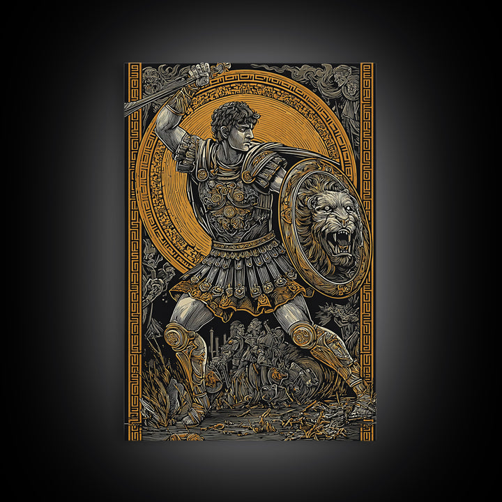 Warrior In Battle Scene, Canvas Gold Canvas Print, Ancient Mythology Inspired Wall Artwork, Real Wood Frame