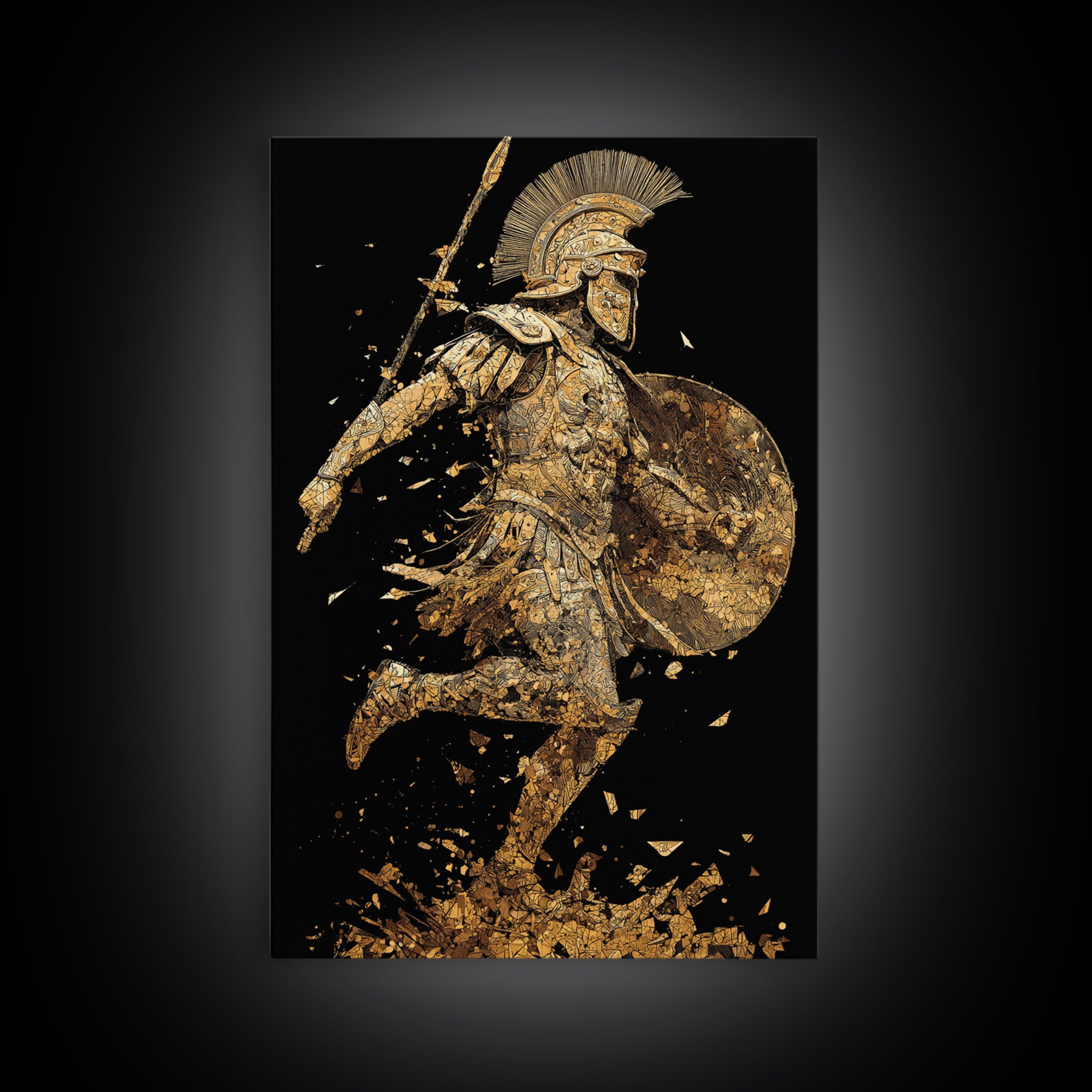 Shattered Roman Soldier, Canvas Gold Canvas Print, Mythology Inspired Warrior Wall Art, Real Wood Framed Print