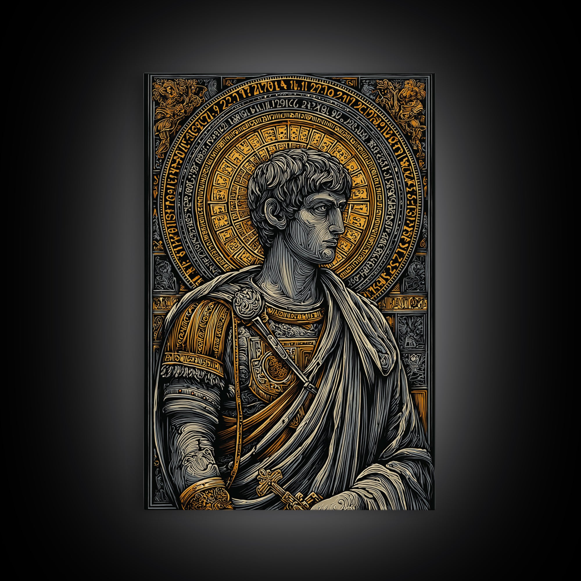 Emperor Portrait Artwork, Canvas Gold Canvas Print, Classical Roman Inspired Wall Decor, Real Wood Frame