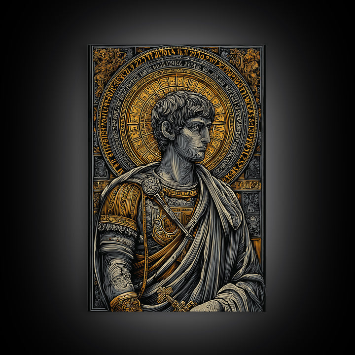 Emperor Portrait Artwork, Canvas Gold Canvas Print, Classical Roman Inspired Wall Decor, Real Wood Frame