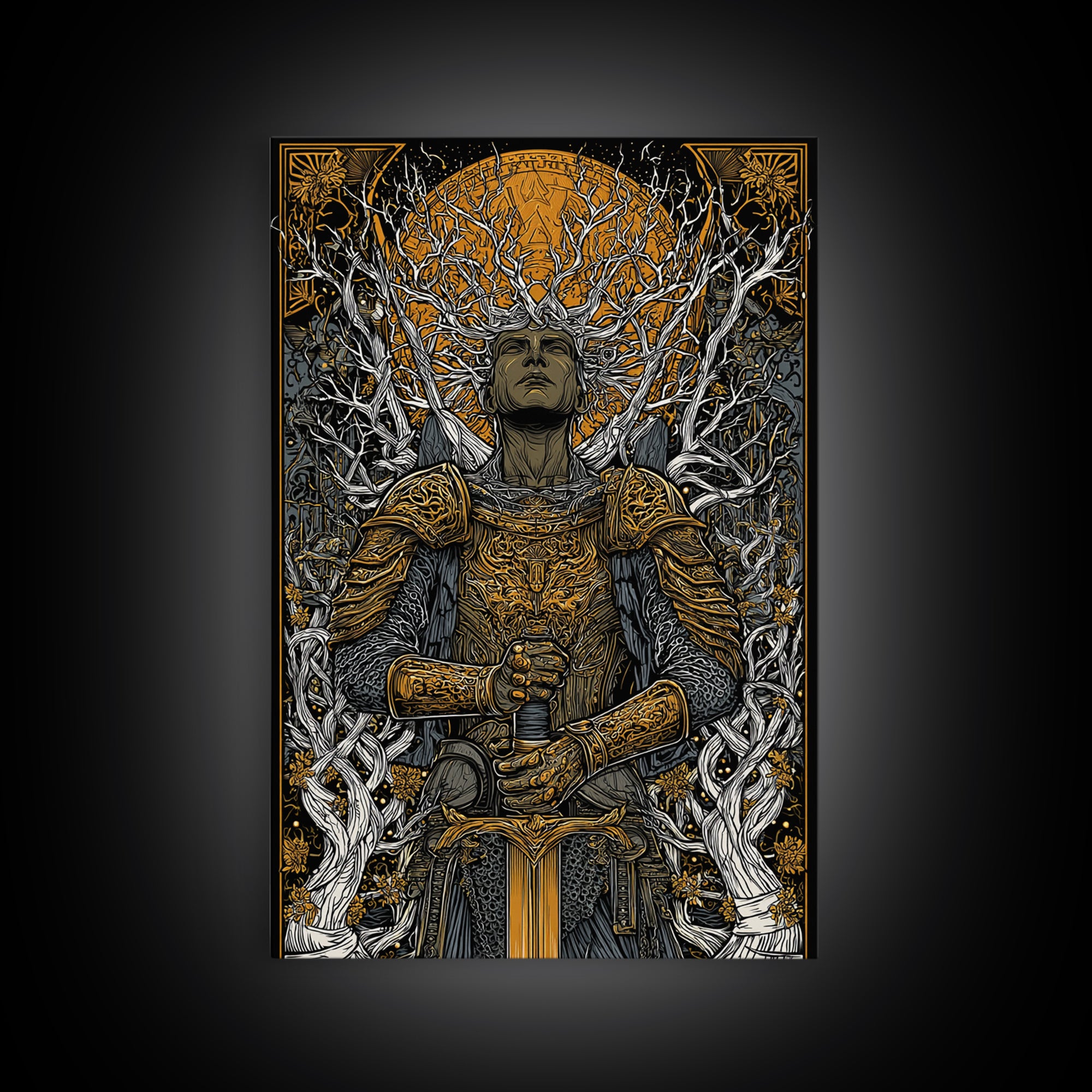Mythic Guardian With Sword, Canvas Gold Art, Fantasy Inspired Warrior Wall Print, Real Wood Framed Wall Decor