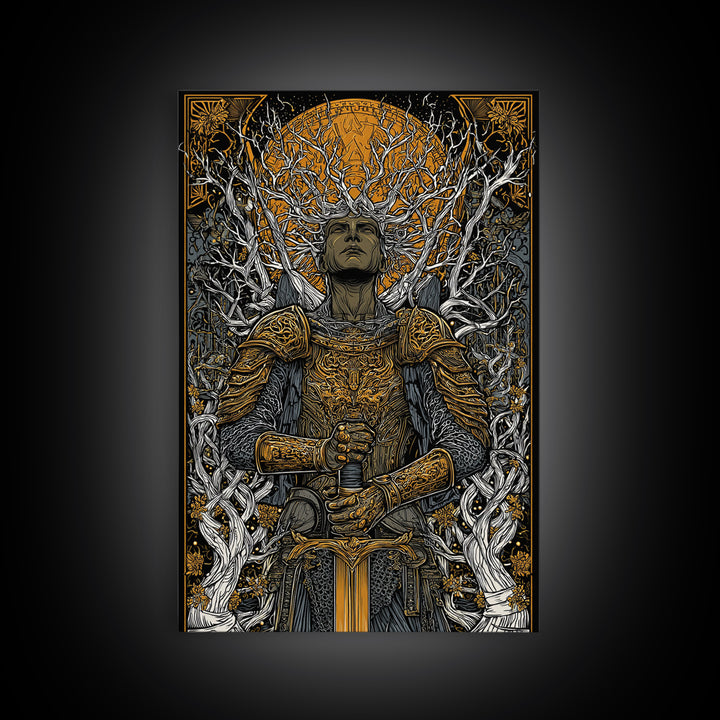 Mythic Guardian With Sword, Canvas Gold Art, Fantasy Inspired Warrior Wall Print, Real Wood Framed Wall Decor