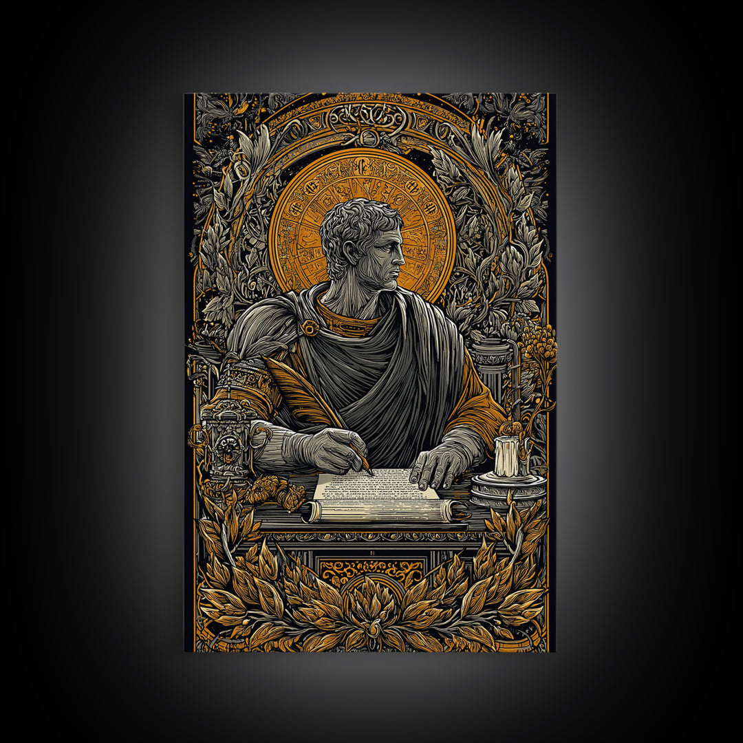 Roman Writer Canvas Gold Canvas Print, Ancient Scholar Wall Art, Mythology Decor, Luxury Canvas Artwork, Real Wood Frame