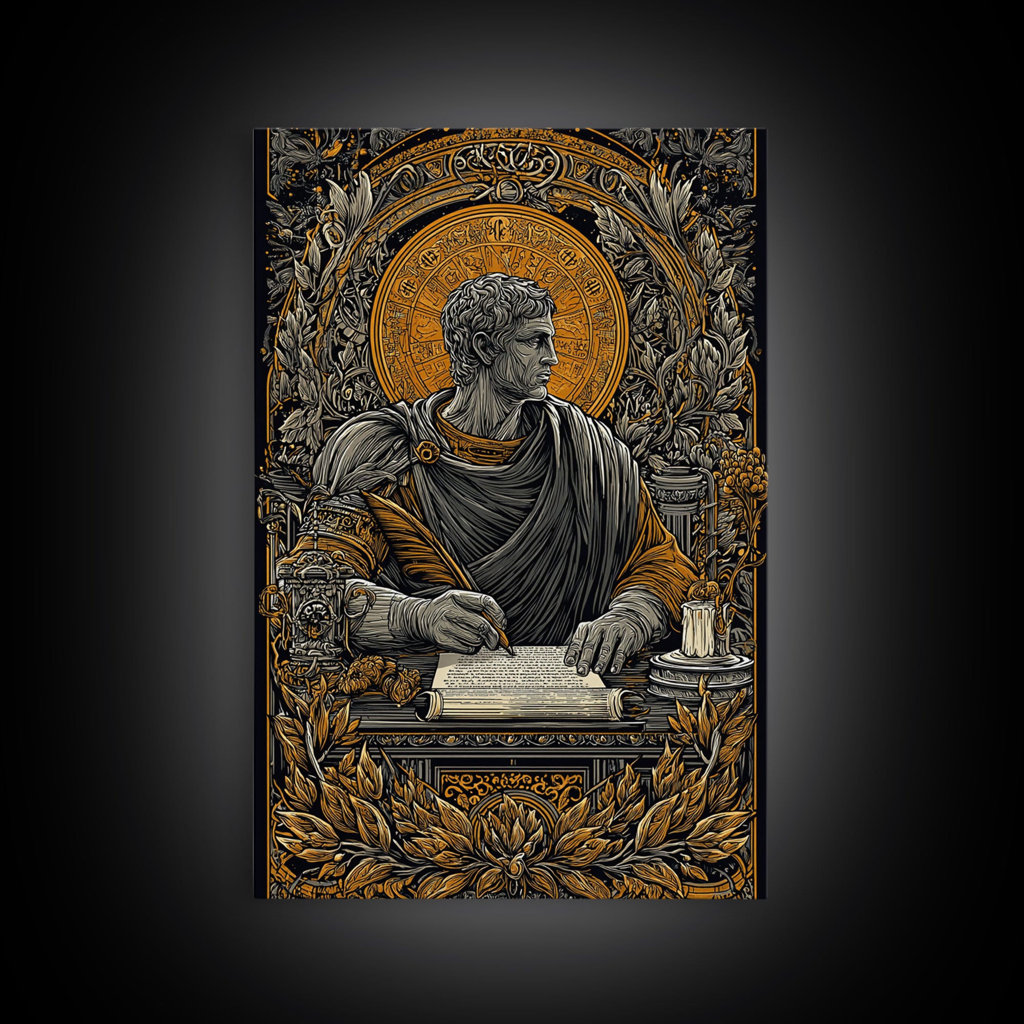 Roman Writer Canvas Gold Canvas Print, Ancient Scholar Wall Art, Mythology Decor, Luxury Canvas Artwork, Real Wood Frame