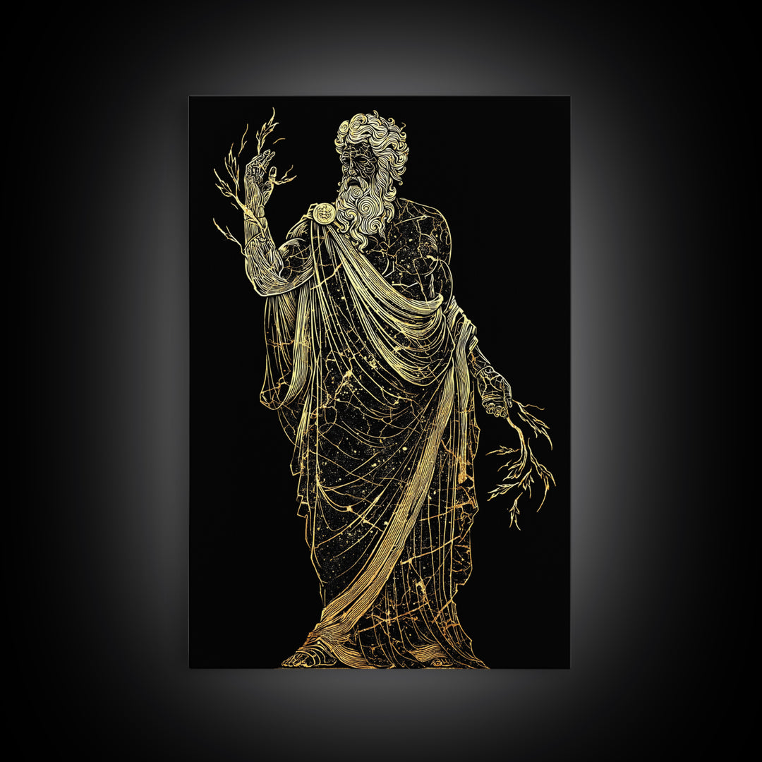 Greek God Canvas Gold Art, Zeus Mythology Wall Print, Lightning Power Decor, Luxury Canvas Artwork, Real Wood Frame