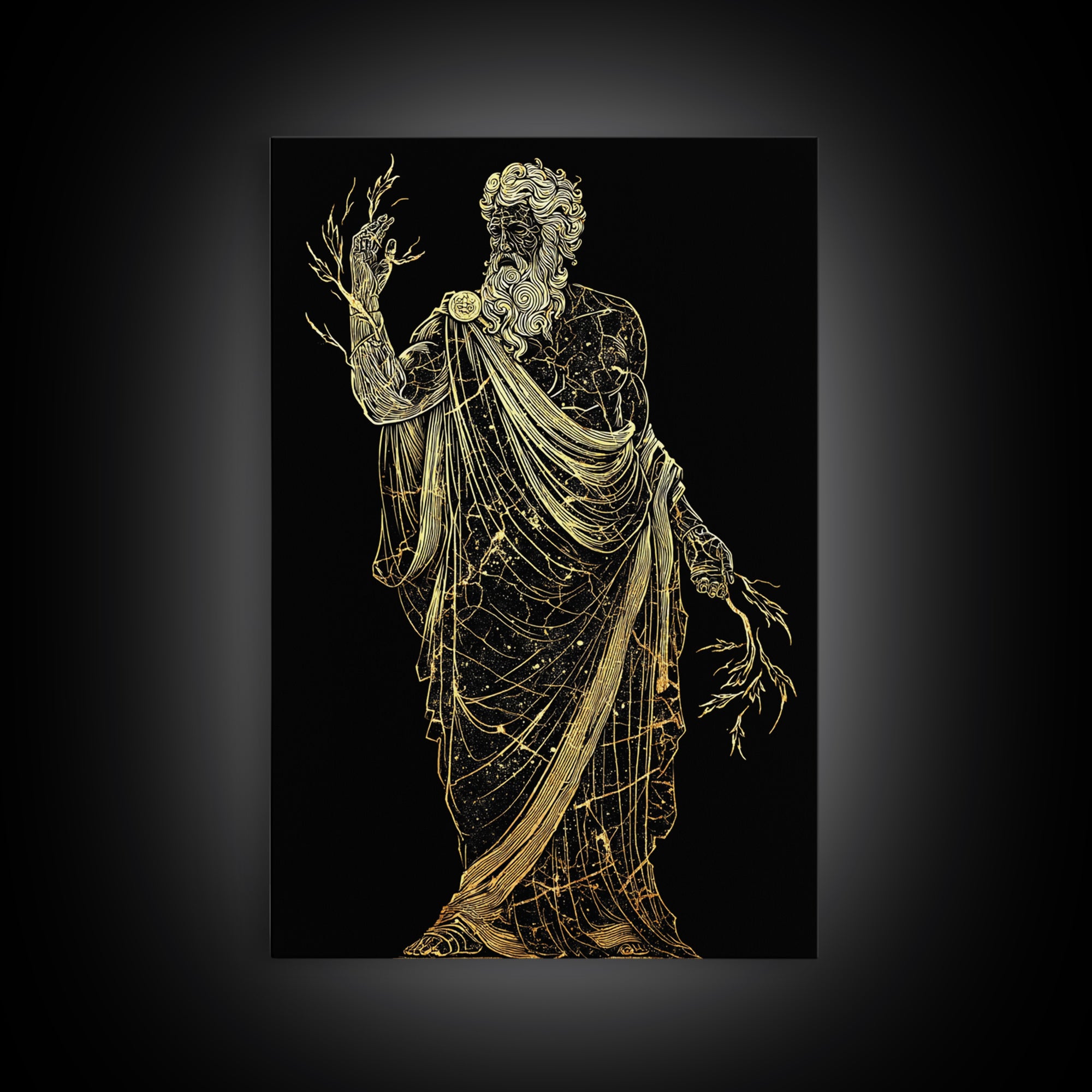 Greek God Canvas Gold Art, Zeus Mythology Wall Print, Lightning Power Decor, Luxury Canvas Artwork, Real Wood Frame