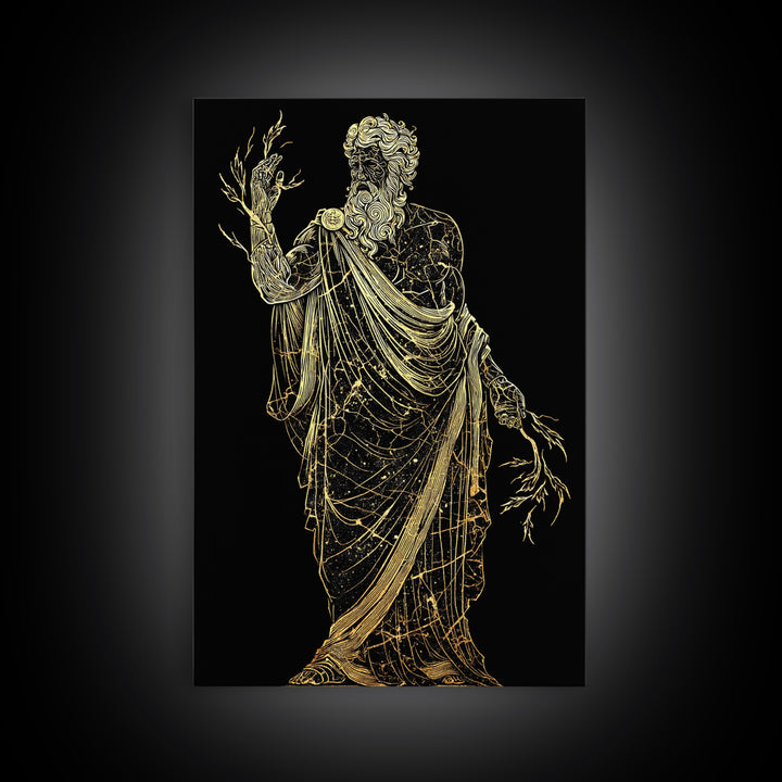 Greek God Canvas Gold Art, Zeus Mythology Wall Print, Lightning Power Decor, Luxury Canvas Artwork, Real Wood Frame