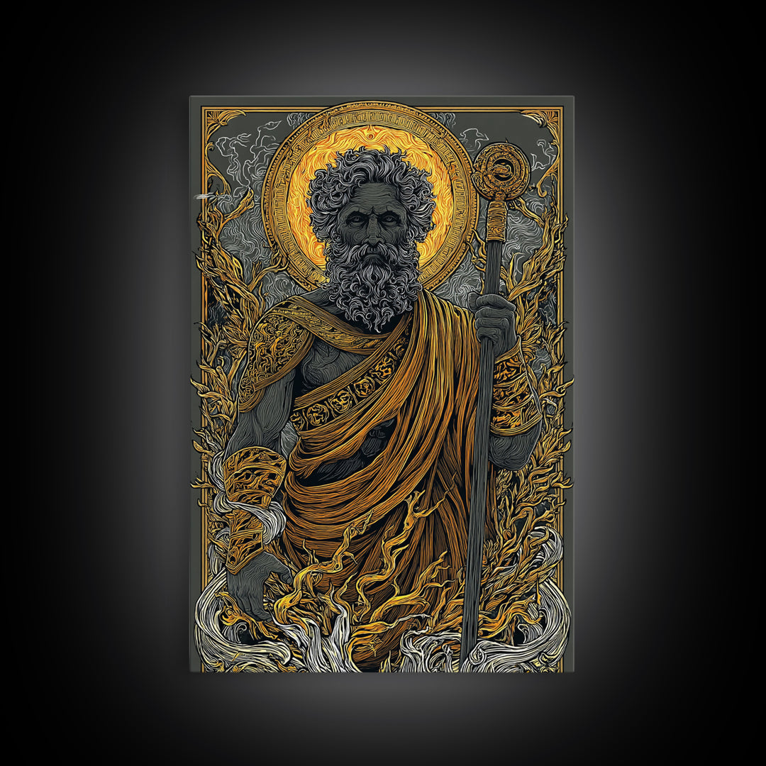 Mythical Elder Canvas Gold Art, Eternal Wisdom Wall Print, Ancient Greek God Decor, Luxury Canvas Artwork, Real Wood Frame