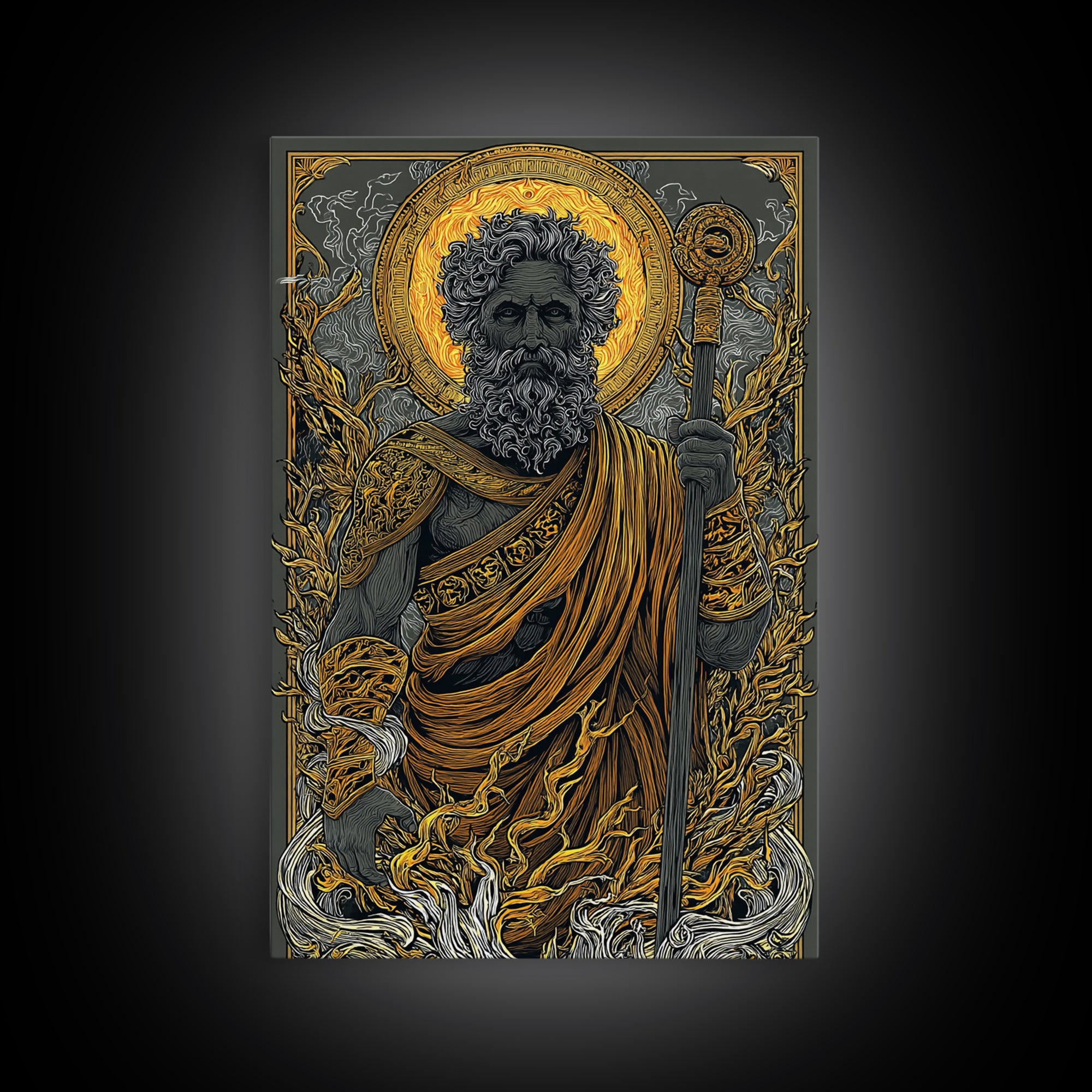 Mythical Elder Canvas Gold Art, Eternal Wisdom Wall Print, Ancient Greek God Decor, Luxury Canvas Artwork, Real Wood Frame