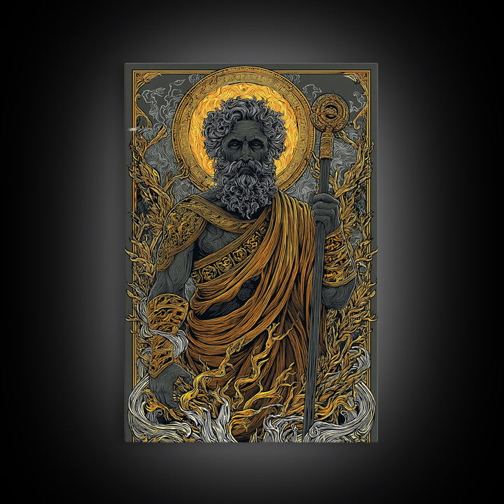Mythical Elder Canvas Gold Art, Eternal Wisdom Wall Print, Ancient Greek God Decor, Luxury Canvas Artwork, Real Wood Frame