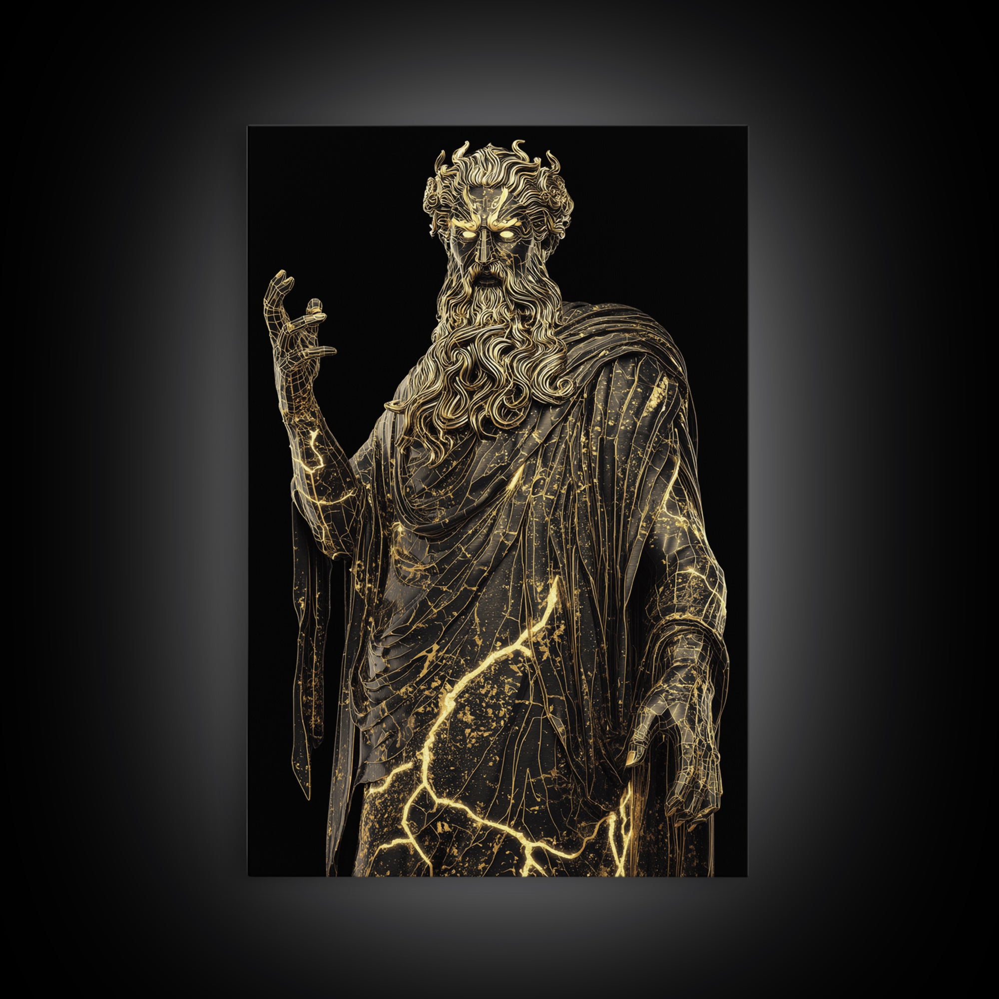 Thunder God Canvas Gold Canvas Print, Zeus Mythology Wall Art, Lightning Power Decor, Luxury Classical Artwork, Real Wood Frame