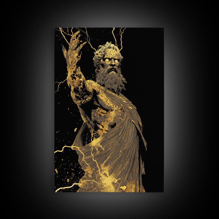 Heavenly Ruler Canvas Gold Canvas Print, Zeus Divine Wall Art, Lightning God Decor, Luxury Mythology Artwork, Real Wood Frame