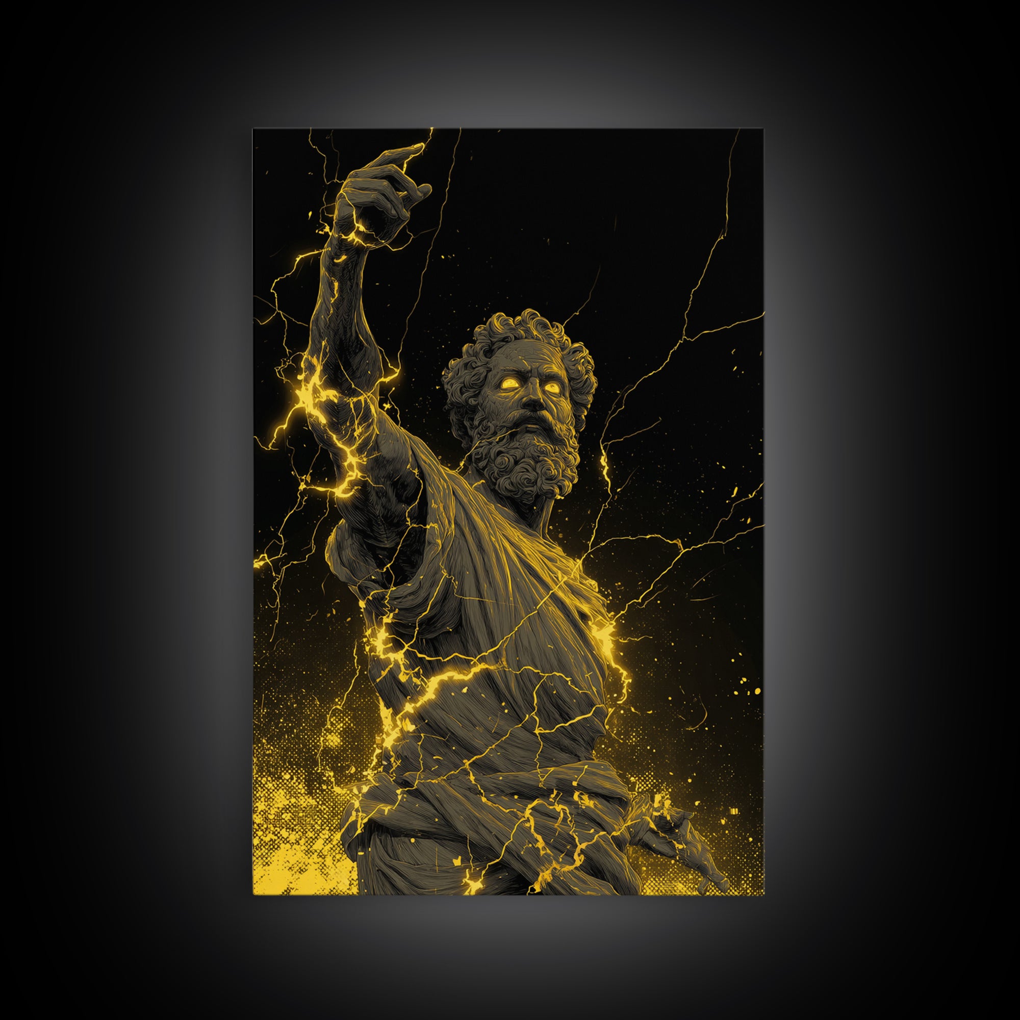 Lightning God Canvas Gold Art, Powerful Zeus Wall Print, Mythology Inspired Decor, Ancient Greek Canvas Artwork, Real Wood Frame