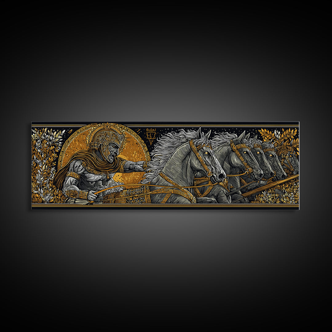 Heroic Greek Warrior With Horses, Ancient Mythology Wall Decor, Gold Canvas Print, Real Wood Frame