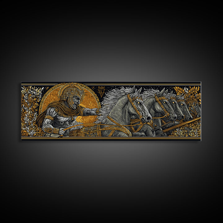 Heroic Greek Warrior With Horses, Ancient Mythology Wall Decor, Gold Canvas Print, Real Wood Frame