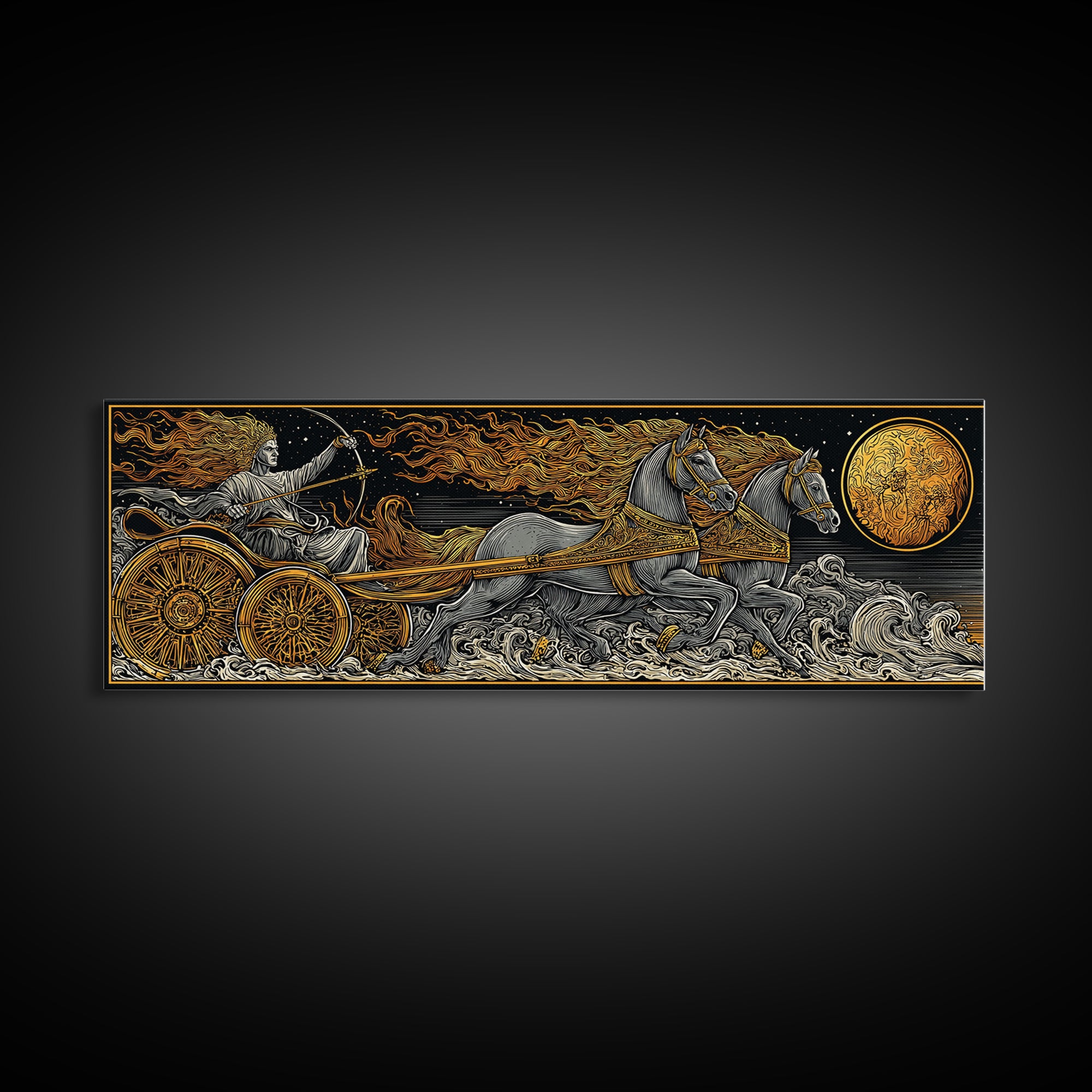 Sun God Chariot, Mythological Horses And Flames Wall Decor, Gold Canvas Print, Real Wood Framed Art