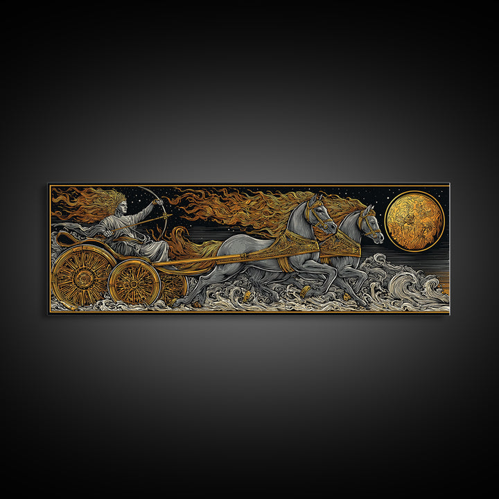 Sun God Chariot, Mythological Horses And Flames Wall Decor, Gold Canvas Print, Real Wood Framed Art