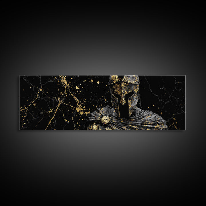 Spartan Warrior Bust Artwork, Ancient Greek Mythological Hero Decorative Symbol, Gold Canvas Print, Real Wood Frame Wall Decor