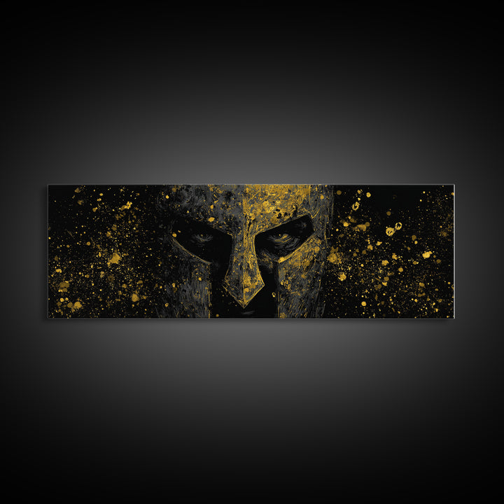 Greek Warrior Face Detail, Spartan Helmet Mythology Decorative Artwork, Gold Canvas Print, Real Wood Frame Ancient Wall Decor