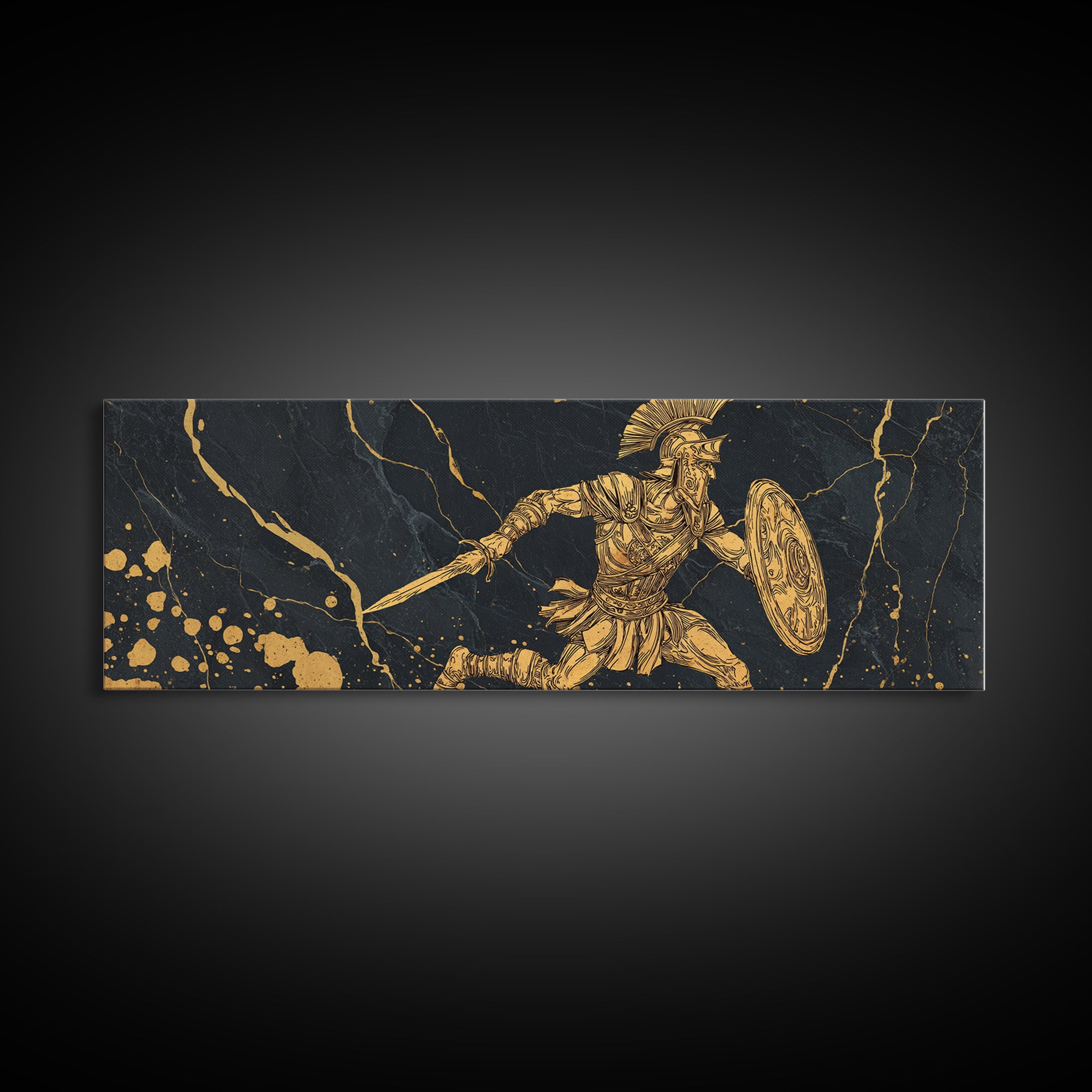 Spartan Warrior With Sword And Shield, Ancient Greek Mythology Wall Decor, Gold Canvas Print, Real Wood Frame