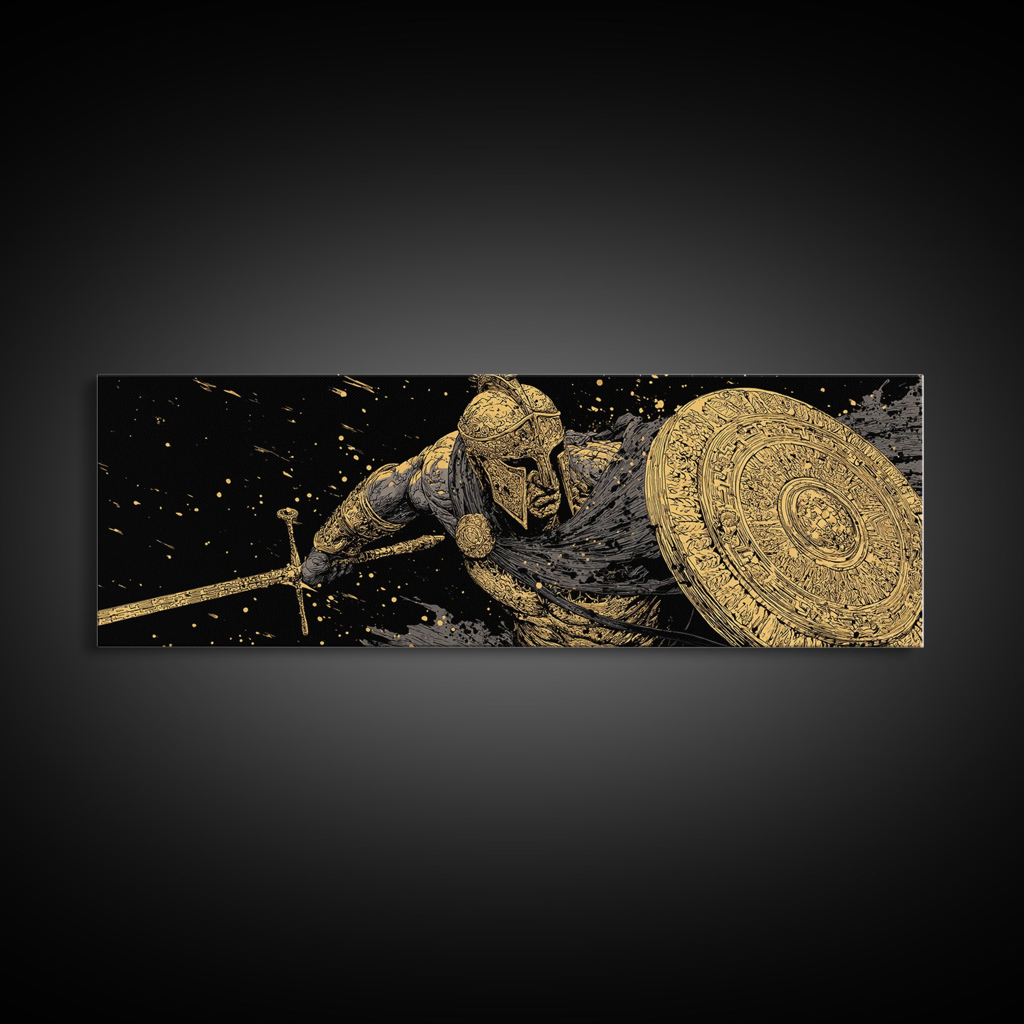 Ornate Spartan Warrior With Shield And Sword, Ancient Battle Scene Artwork, Gold Canvas Print, Real Wood Frame