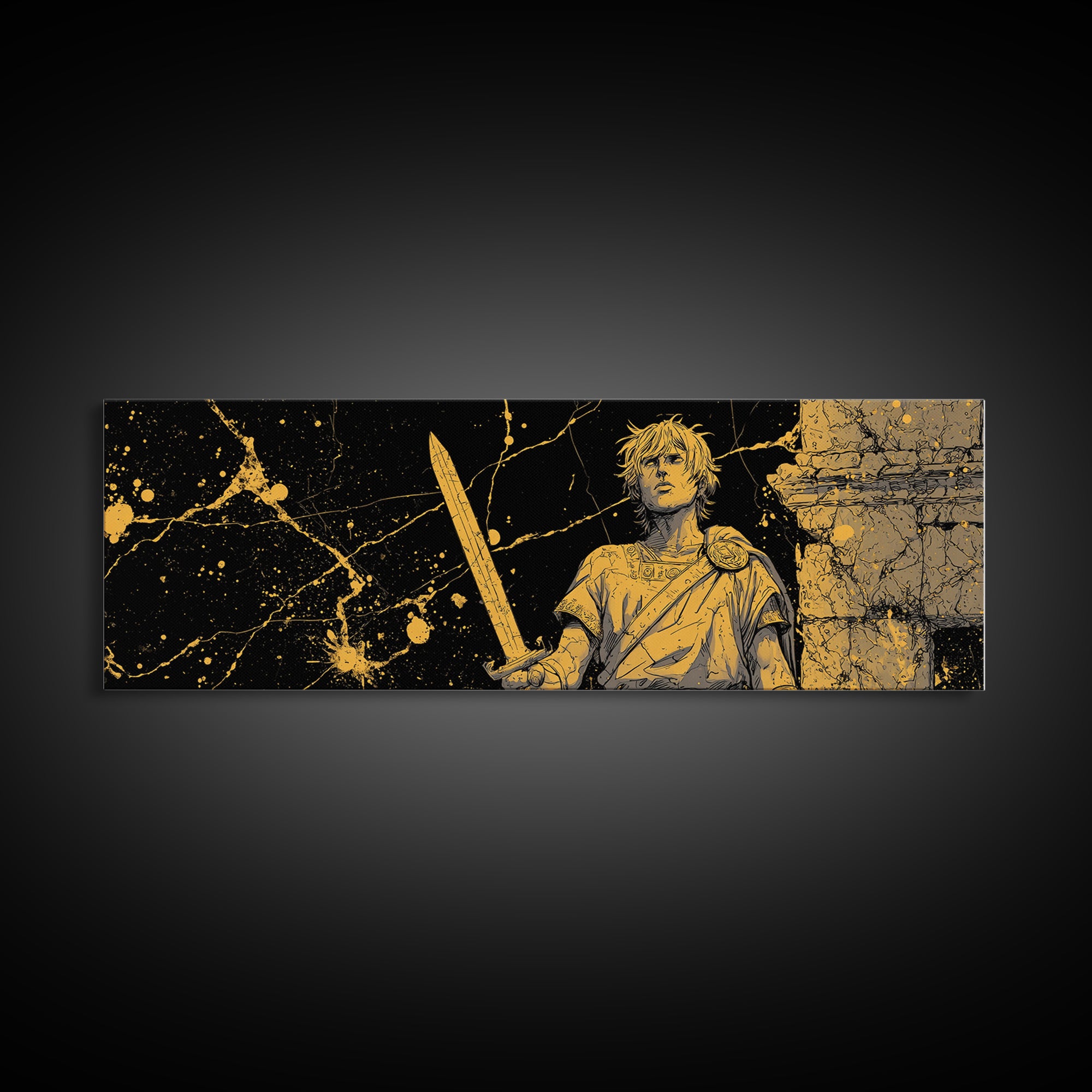 Heroic Young Greek Warrior Standing Tall, Classical Mythology Decorative Wall Art, Gold Canvas Print, Real Wood Frame