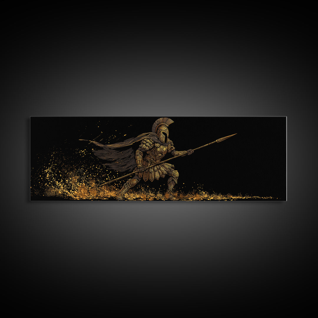 Spartan Warrior With Flowing Cape And Spear, Ancient Greek Mythology Decor, Gold Canvas Print, Real Wood Frame