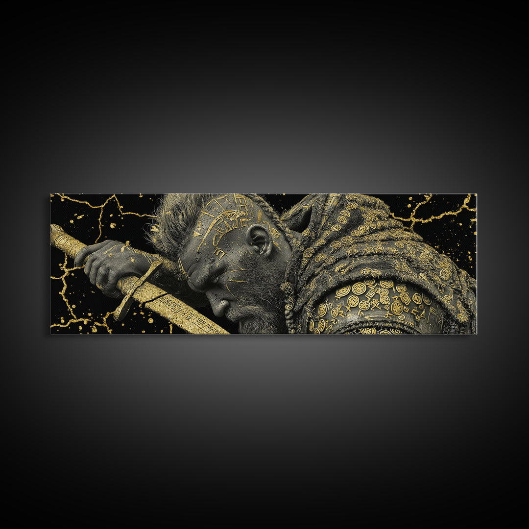 Viking Warrior With Sword And Runes, Mythological Hero Artwork, Gold Canvas Print, Real Wood Frame