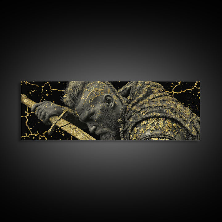 Viking Warrior With Sword And Runes, Mythological Hero Artwork, Gold Canvas Print, Real Wood Frame