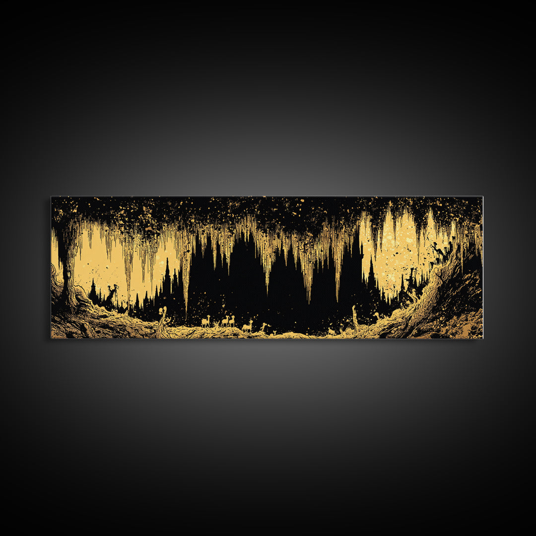 Golden Cave With Stalactites And Figures, Mythological Decorative Wall Art, Gold Canvas Print, Real Wood Frame