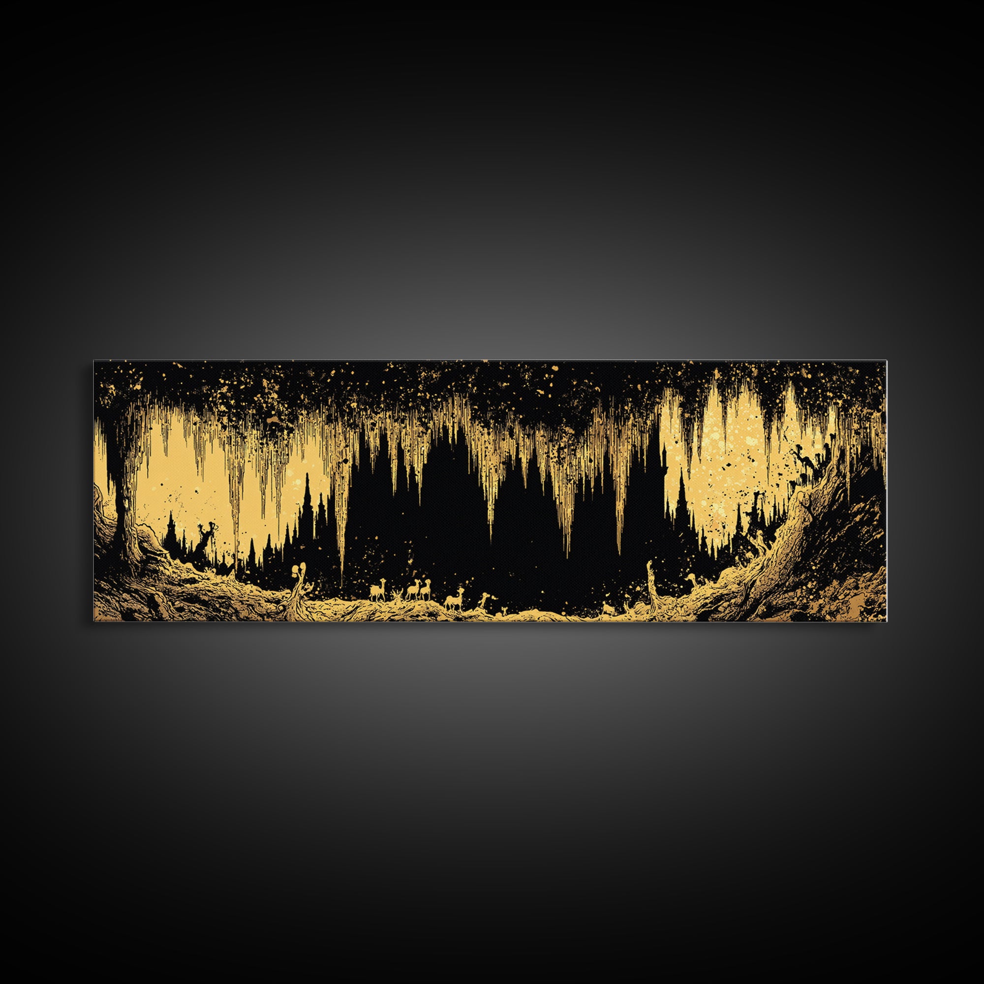 Golden Cave With Stalactites And Figures, Mythological Decorative Wall Art, Gold Canvas Print, Real Wood Frame