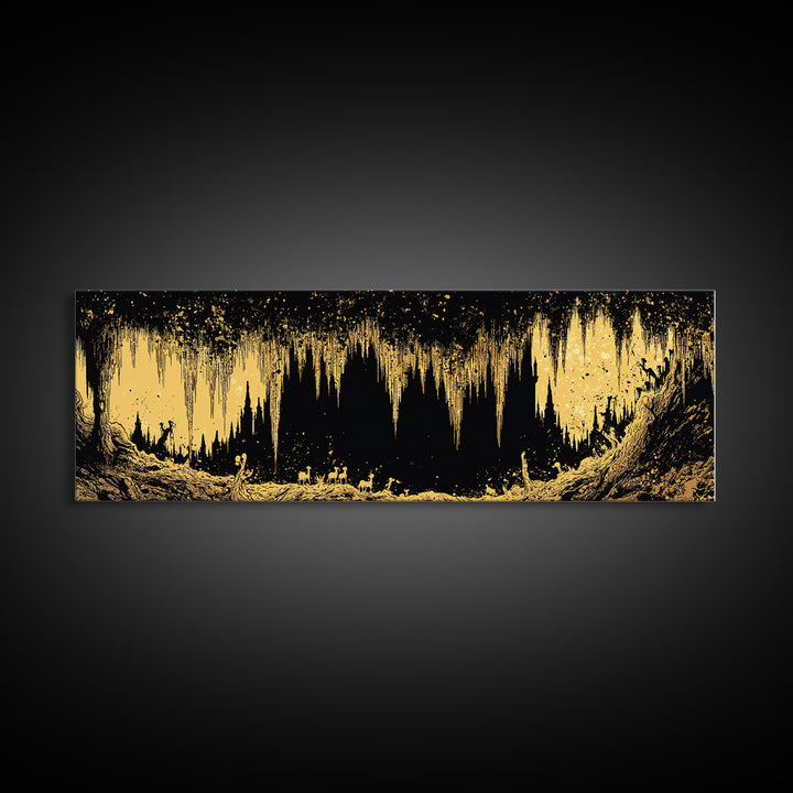 Golden Cave With Stalactites And Figures, Mythological Decorative Wall Art, Gold Canvas Print, Real Wood Frame