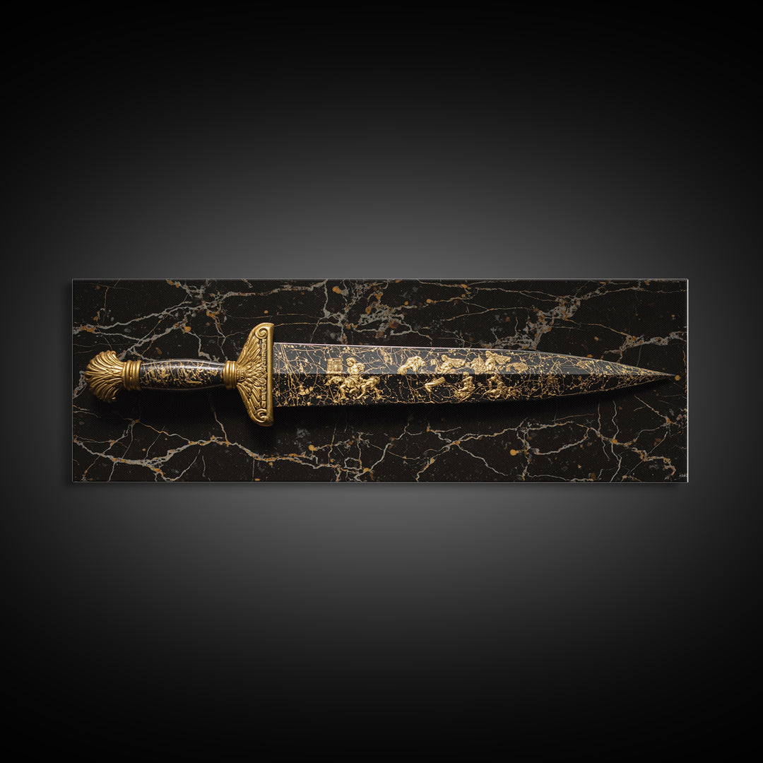 Ancient Greek Sword Engraved With Mythology, Decorative Heroic Weapon Artwork, Gold Canvas Print, Real Wood Frame