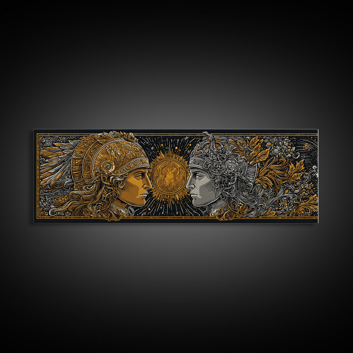 Warrior Gods Face To Face, Ancient Mythological Helmet Artwork, Gold Canvas Print, Real Wood Frame Wall Art