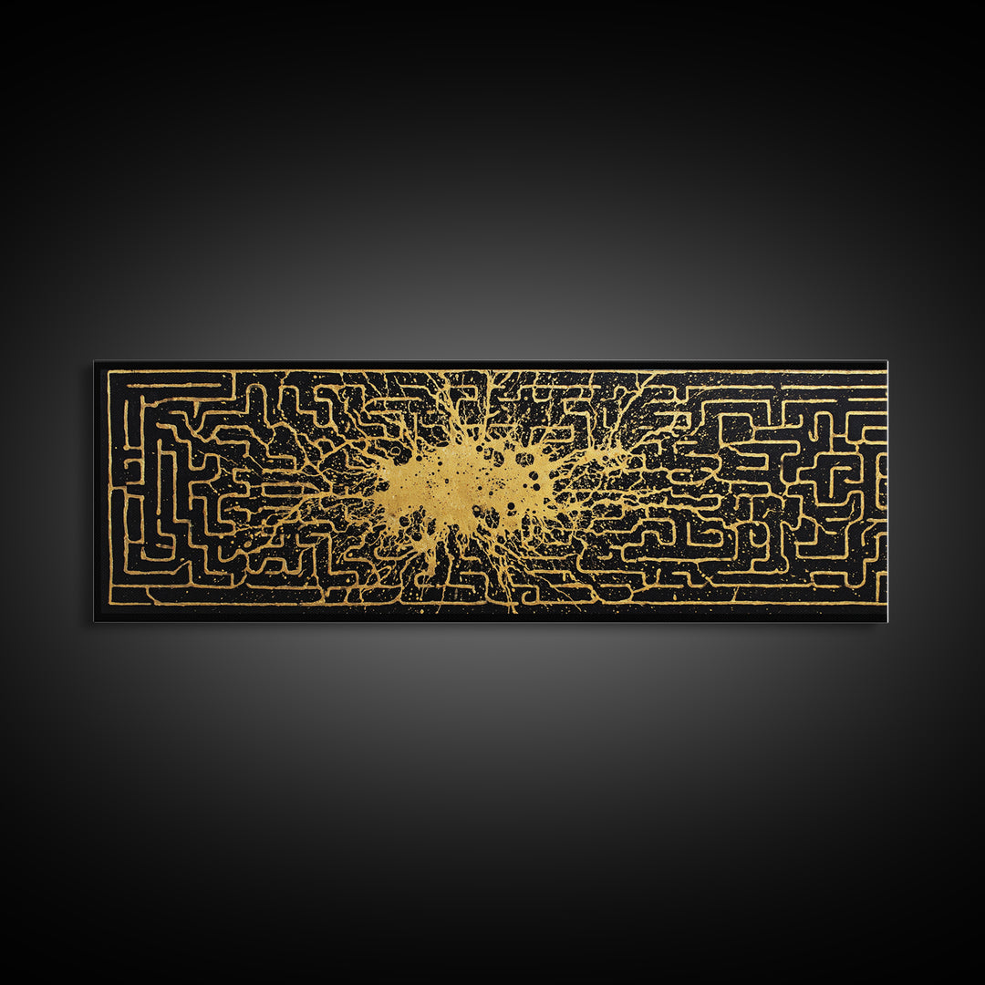 Intricate Labyrinth Pattern Artwork, Mythological Maze Wall Decor, Gold Canvas Print, Real Wood Frame